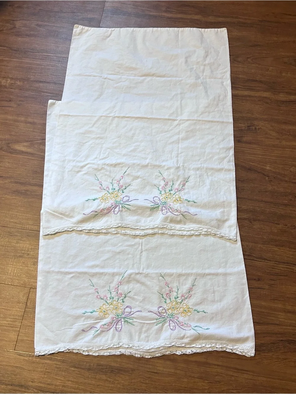 Vintage White Pillowcases with Pastel Floral Embroidery